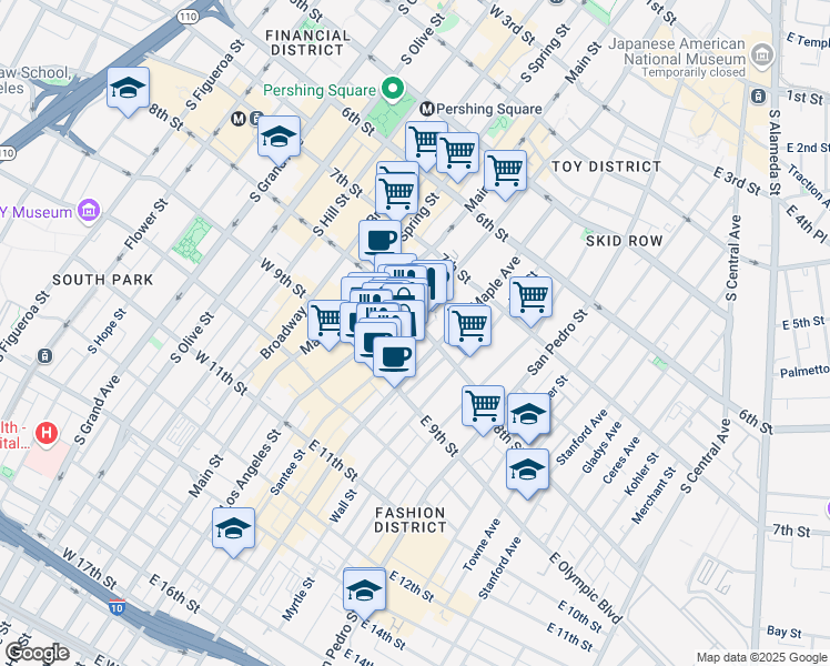 map of restaurants, bars, coffee shops, grocery stores, and more near 825 Santee Street in Los Angeles