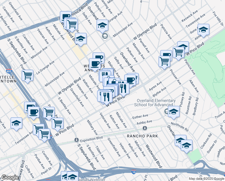 map of restaurants, bars, coffee shops, grocery stores, and more near 2367 Westwood Boulevard in Los Angeles
