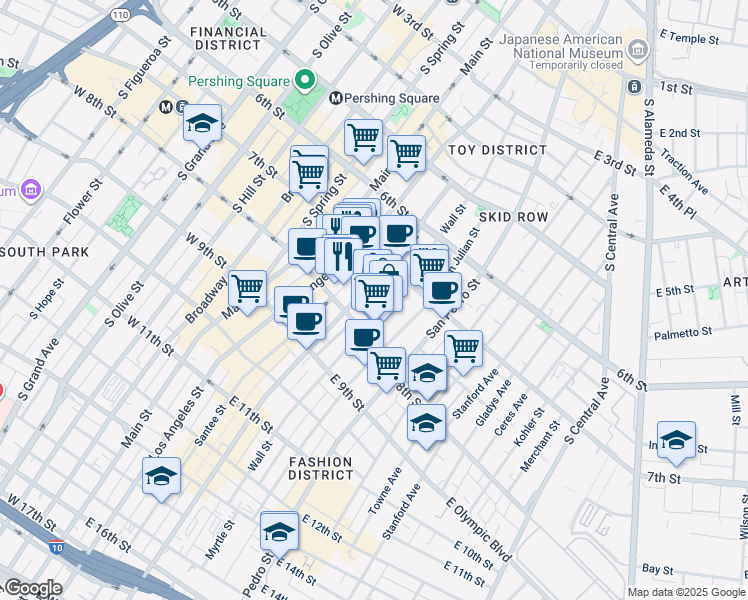 map of restaurants, bars, coffee shops, grocery stores, and more near 753 Wall Street in Los Angeles