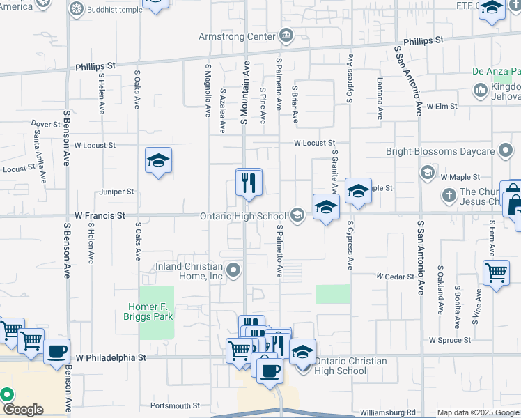 map of restaurants, bars, coffee shops, grocery stores, and more near 1034 West Francis Street in Ontario