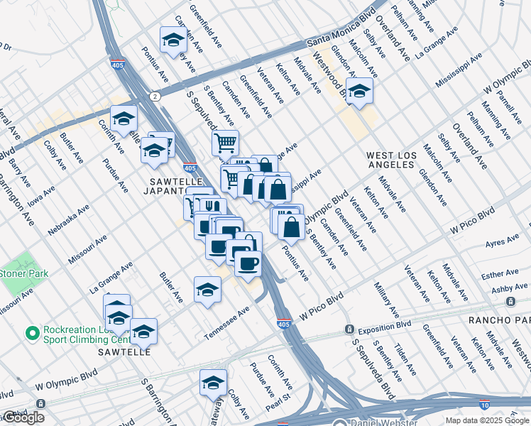 map of restaurants, bars, coffee shops, grocery stores, and more near 2101 Pontius Avenue in Los Angeles
