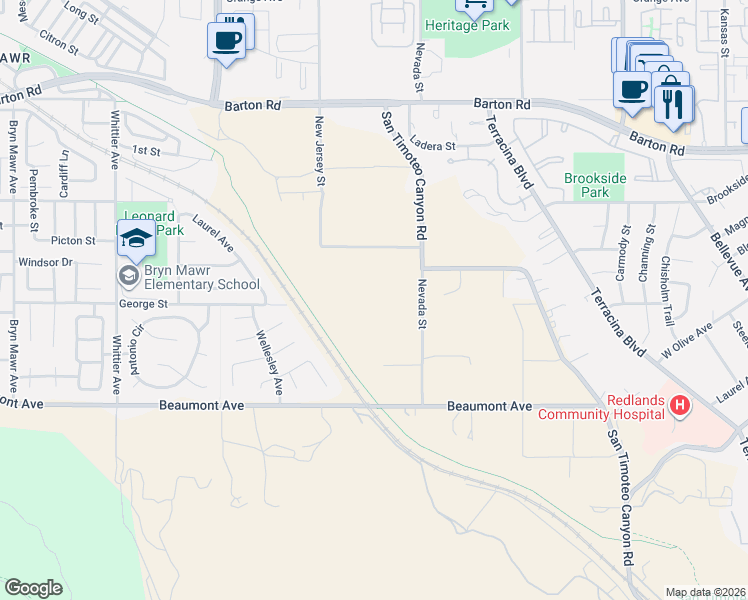 map of restaurants, bars, coffee shops, grocery stores, and more near 11703 Saddleback Drive in Redlands