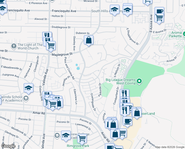 map of restaurants, bars, coffee shops, grocery stores, and more near 1819 Molokai Street in West Covina