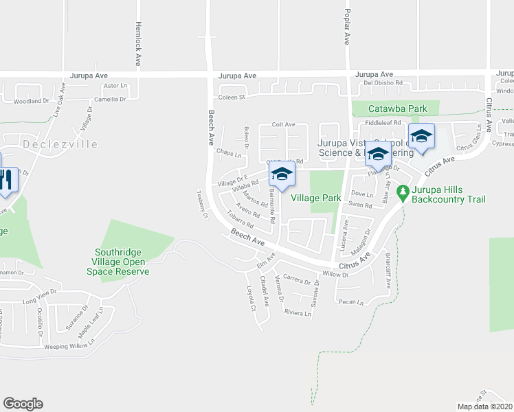 map of restaurants, bars, coffee shops, grocery stores, and more near 15441 Martos Road in Fontana