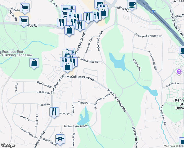 map of restaurants, bars, coffee shops, grocery stores, and more near 2045 Sand Wedge Circle in Kennesaw