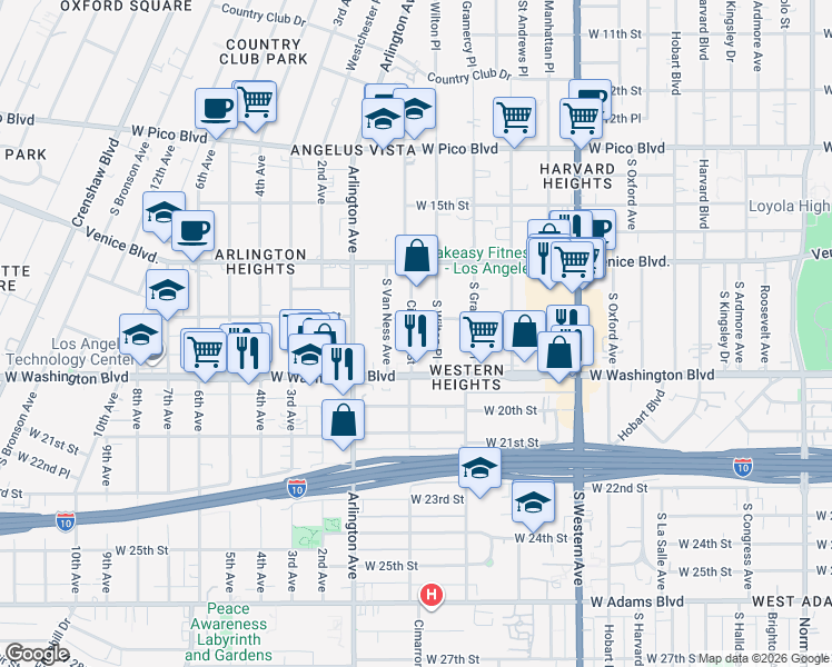 map of restaurants, bars, coffee shops, grocery stores, and more near 1822 1/2 Cimarron Street in Los Angeles