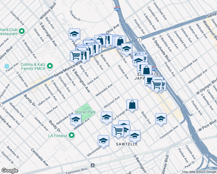 map of restaurants, bars, coffee shops, grocery stores, and more near 1810 Federal Avenue in Los Angeles