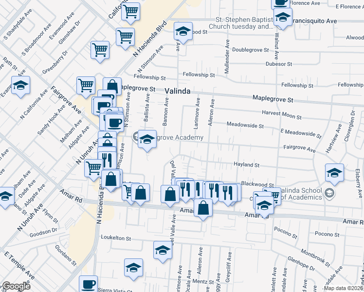 map of restaurants, bars, coffee shops, grocery stores, and more near 1174 Del Valle Avenue in La Puente