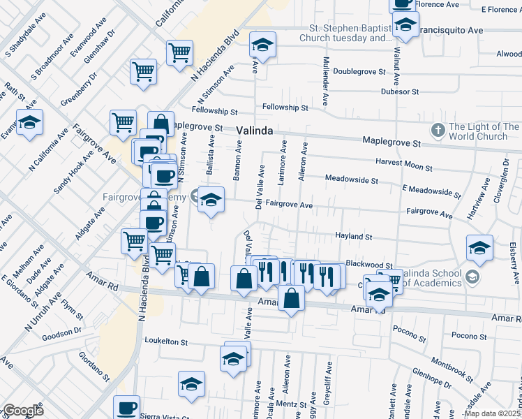 map of restaurants, bars, coffee shops, grocery stores, and more near 1174 Del Valle Avenue in La Puente