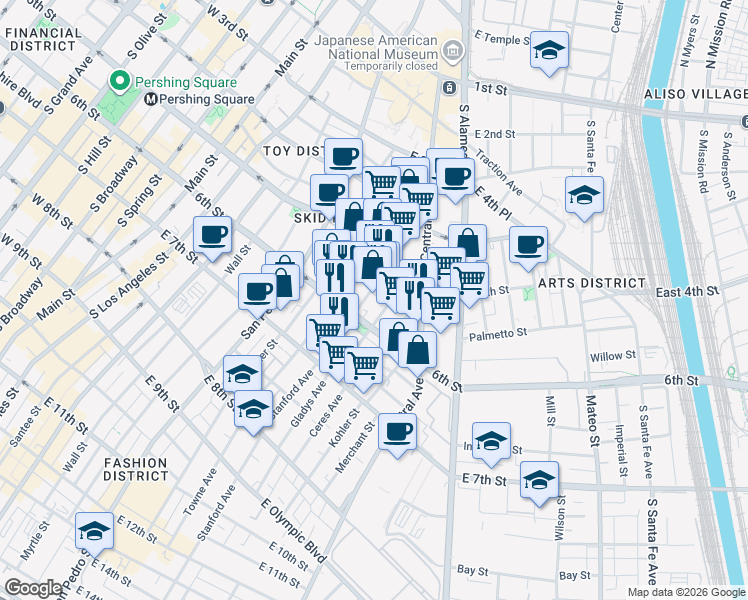 map of restaurants, bars, coffee shops, grocery stores, and more near 555 Gladys Avenue in Los Angeles