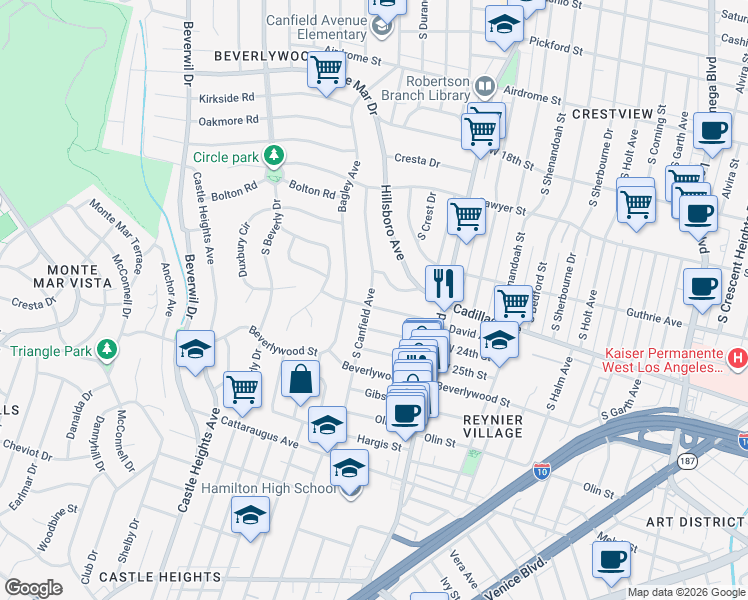 map of restaurants, bars, coffee shops, grocery stores, and more near 9125 David Avenue in Los Angeles