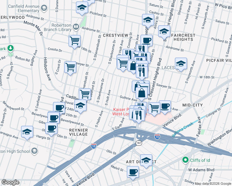 map of restaurants, bars, coffee shops, grocery stores, and more near 8627 Guthrie Avenue in Los Angeles