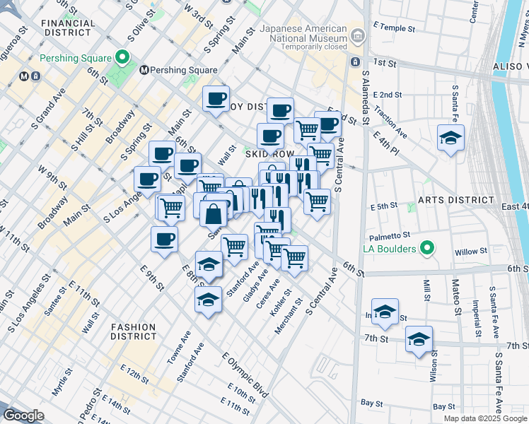 map of restaurants, bars, coffee shops, grocery stores, and more near 634 Crocker Street in Los Angeles