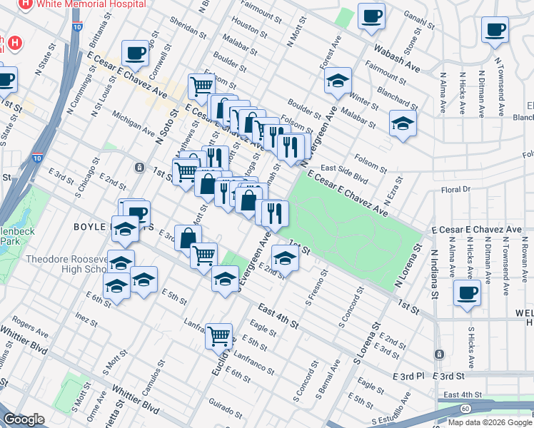 map of restaurants, bars, coffee shops, grocery stores, and more near 2918 Pennsylvania Avenue in Los Angeles
