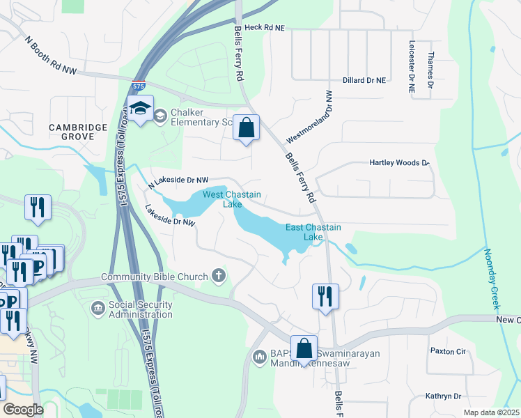 map of restaurants, bars, coffee shops, grocery stores, and more near 140 North Lakeside Drive Northwest in Kennesaw