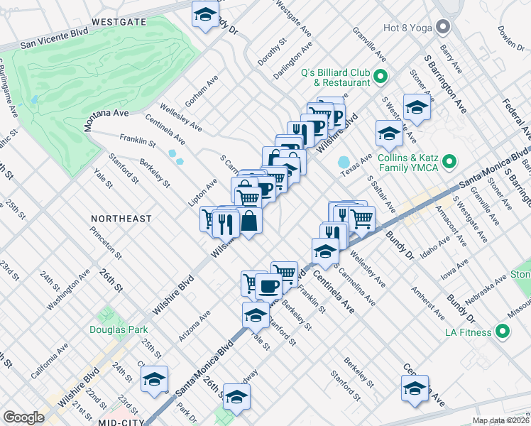 map of restaurants, bars, coffee shops, grocery stores, and more near 1245 McClellan Drive in Los Angeles