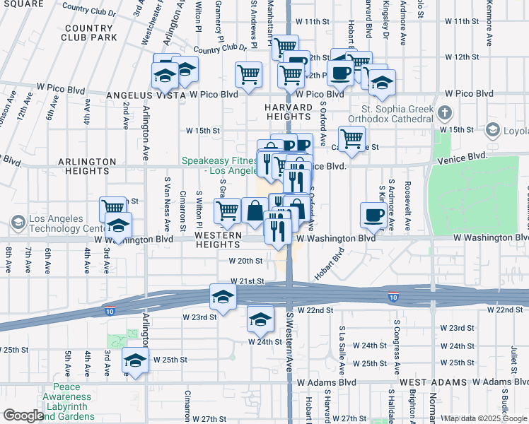 map of restaurants, bars, coffee shops, grocery stores, and more near 1815 South Manhattan Place in Los Angeles