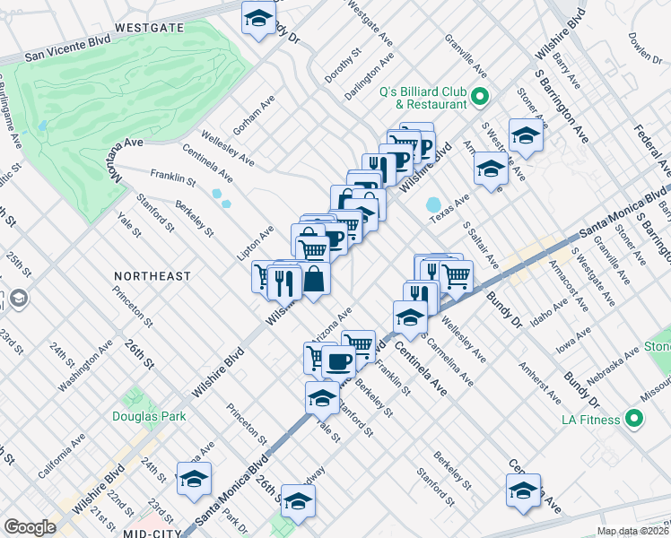 map of restaurants, bars, coffee shops, grocery stores, and more near 12424 Wilshire Boulevard in Los Angeles