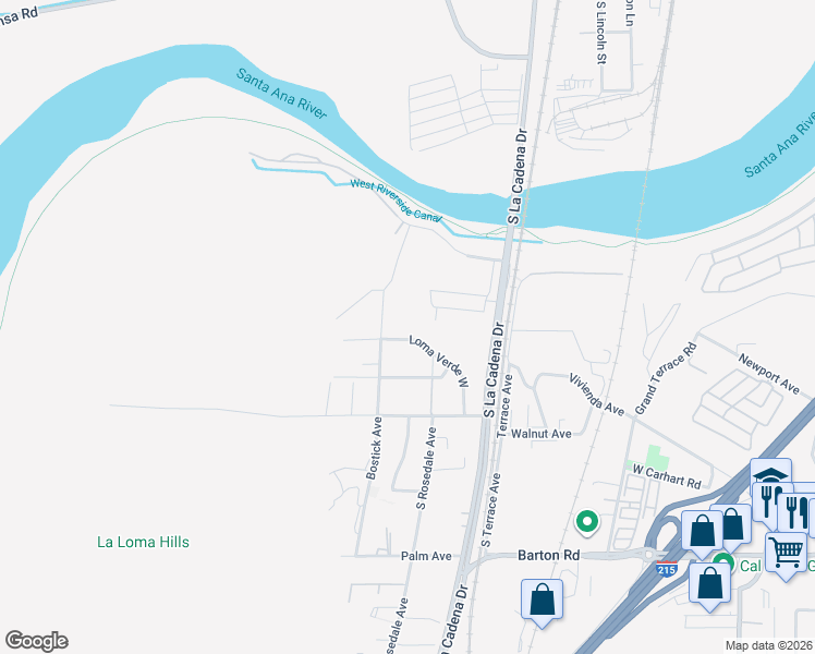 map of restaurants, bars, coffee shops, grocery stores, and more near 273 Loma Verde West in Colton