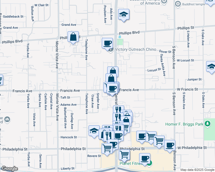 map of restaurants, bars, coffee shops, grocery stores, and more near 11688 Solaire Way in Chino