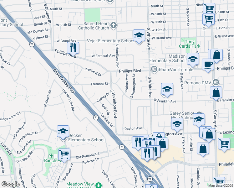 map of restaurants, bars, coffee shops, grocery stores, and more near 1673 South Hamilton Boulevard in Pomona