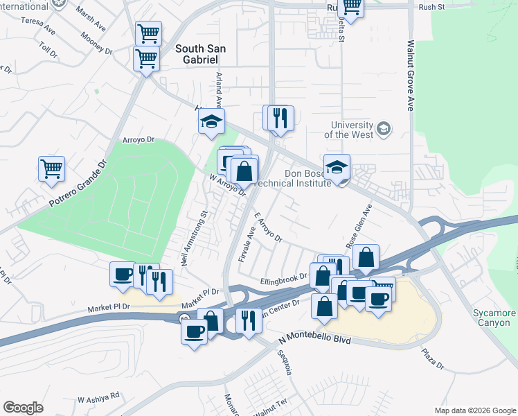 map of restaurants, bars, coffee shops, grocery stores, and more near 1737 Arroyo Drive in Montebello