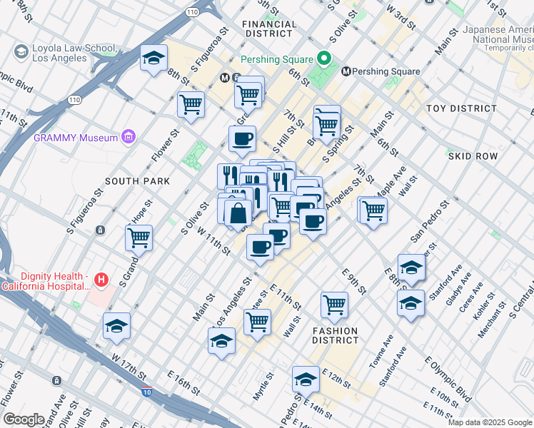 map of restaurants, bars, coffee shops, grocery stores, and more near 952 South Broadway in Los Angeles