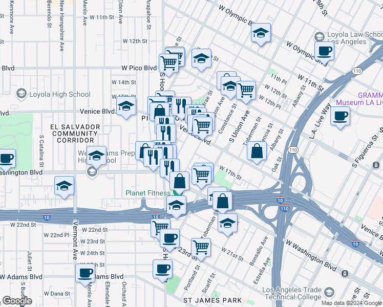map of restaurants, bars, coffee shops, grocery stores, and more near 1800 South Bonnie Brae Street in Los Angeles
