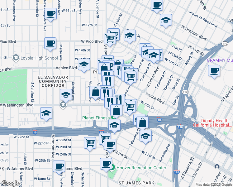 map of restaurants, bars, coffee shops, grocery stores, and more near 1800 South Bonnie Brae Street in Los Angeles
