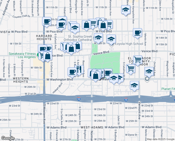map of restaurants, bars, coffee shops, grocery stores, and more near 1816 Normandie Avenue in Los Angeles