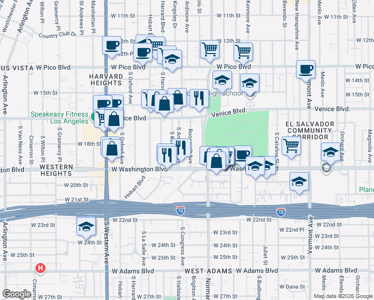 map of restaurants, bars, coffee shops, grocery stores, and more near 1809 Roosevelt Avenue in Los Angeles