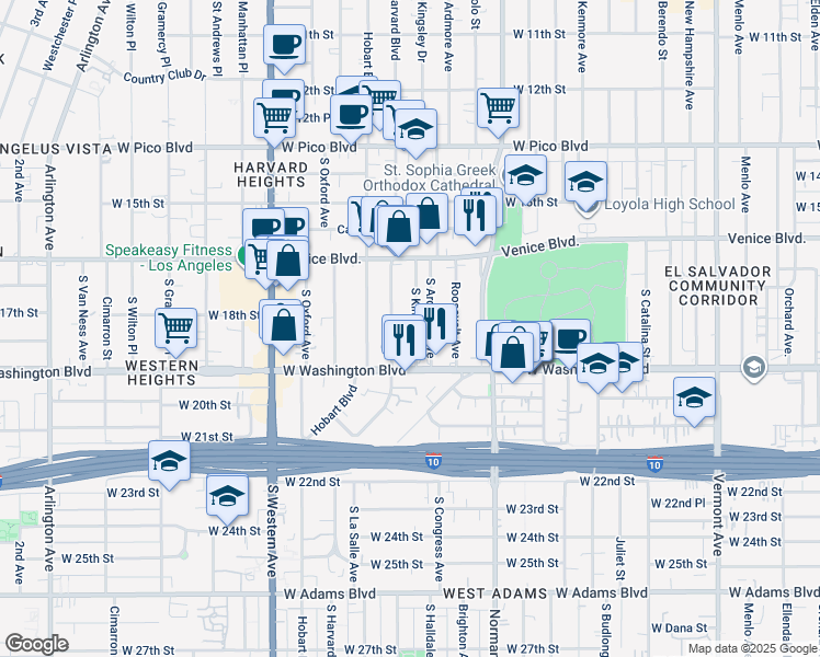 map of restaurants, bars, coffee shops, grocery stores, and more near 1811 South Kingsley Drive in Los Angeles