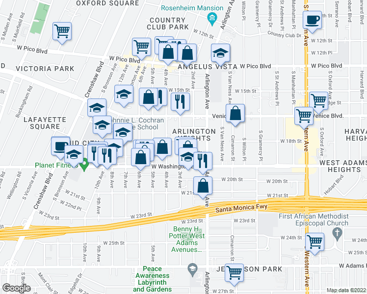 map of restaurants, bars, coffee shops, grocery stores, and more near 3223 West 18th Street in Los Angeles