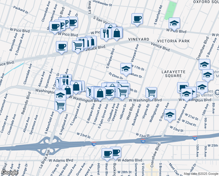 map of restaurants, bars, coffee shops, grocery stores, and more near 4643 Pickford Street in Los Angeles