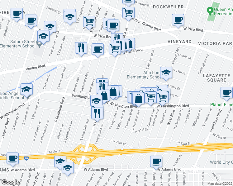 map of restaurants, bars, coffee shops, grocery stores, and more near 4854 Mascot Street in Los Angeles