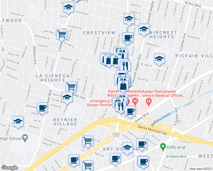 map of restaurants, bars, coffee shops, grocery stores, and more near 8627 Guthrie Avenue in Los Angeles