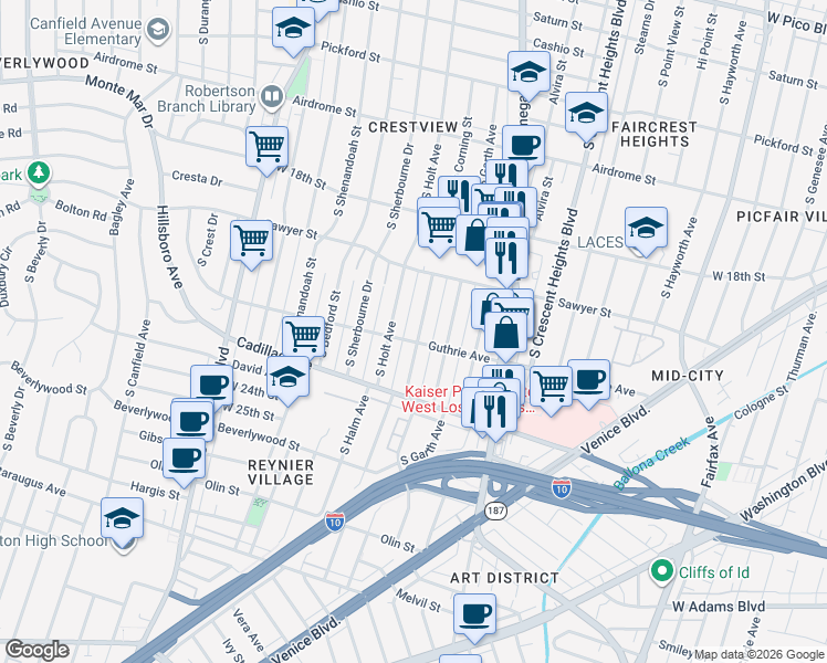 map of restaurants, bars, coffee shops, grocery stores, and more near 8627 Guthrie Avenue in Los Angeles
