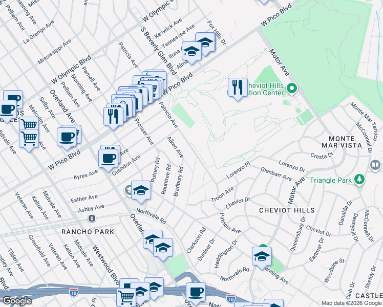 map of restaurants, bars, coffee shops, grocery stores, and more near 10501 Butterfield Road in Los Angeles