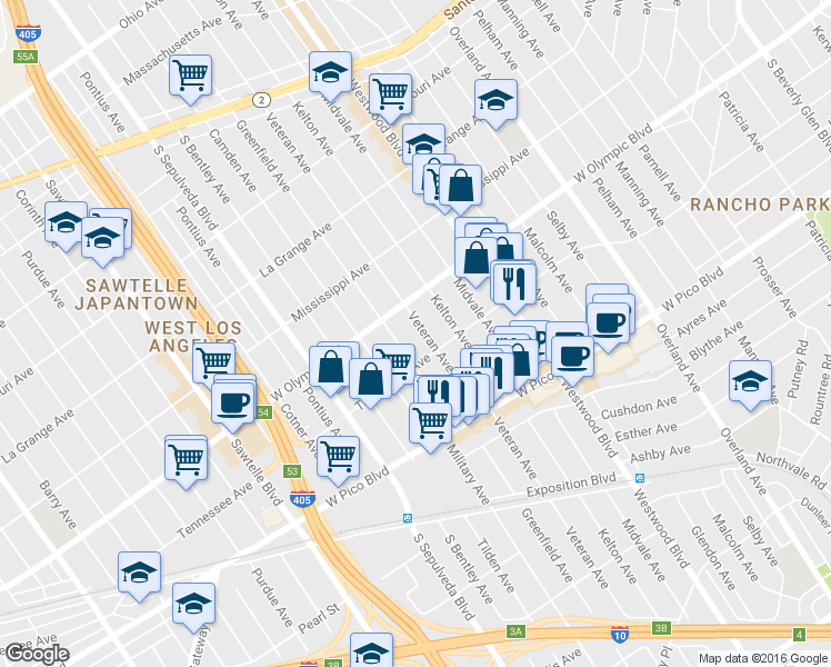 map of restaurants, bars, coffee shops, grocery stores, and more near 2243 Veteran Avenue in Los Angeles
