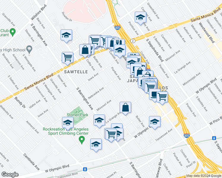 map of restaurants, bars, coffee shops, grocery stores, and more near 1830 Colby Avenue in Los Angeles