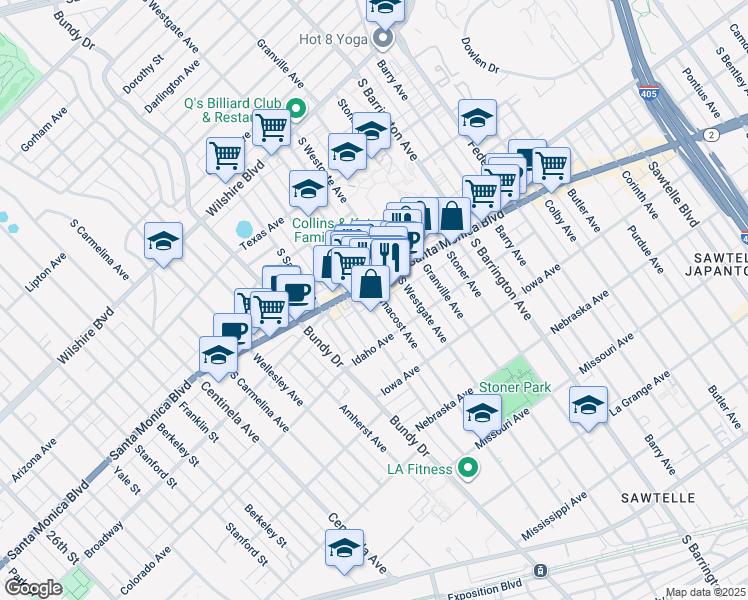 map of restaurants, bars, coffee shops, grocery stores, and more near 1530 Armacost Avenue in Los Angeles