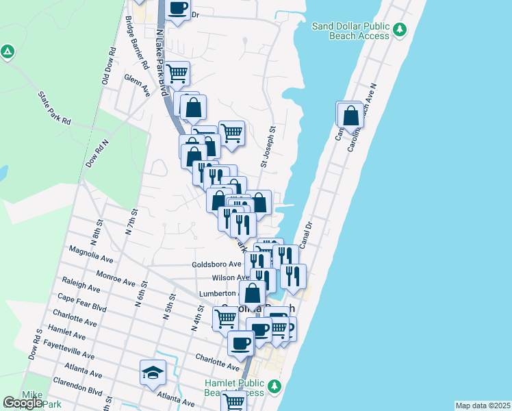 map of restaurants, bars, coffee shops, grocery stores, and more near 901 Yacht Rd in Carolina Beach