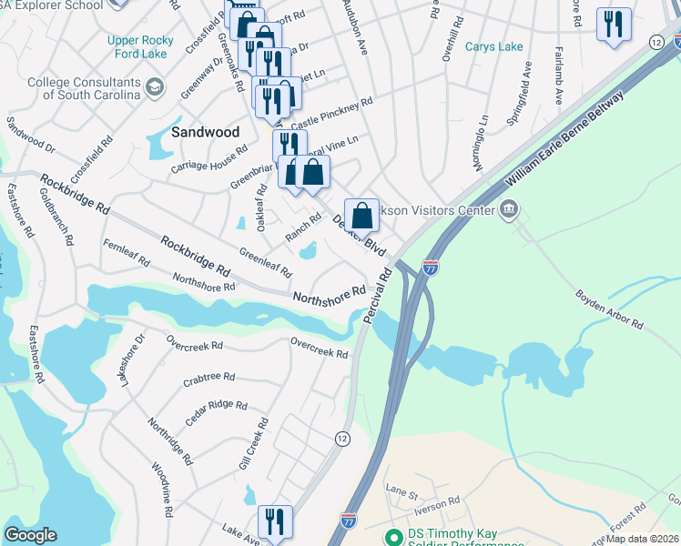 map of restaurants, bars, coffee shops, grocery stores, and more near 3417 Northshore Road in Columbia
