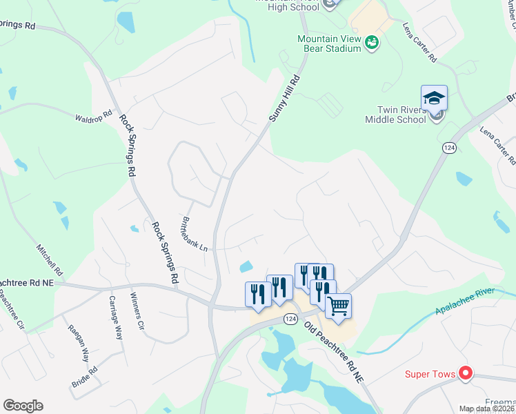 map of restaurants, bars, coffee shops, grocery stores, and more near 2130 Adam Acres Drive in Buford