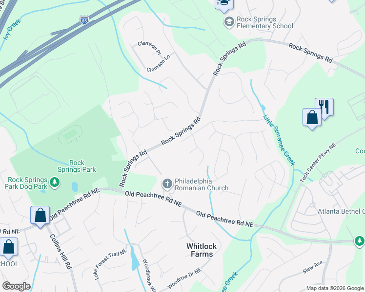 map of restaurants, bars, coffee shops, grocery stores, and more near 665 Springrock Drive in Lawrenceville