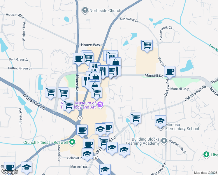 map of restaurants, bars, coffee shops, grocery stores, and more near 585 Eagles Crest Village Lane in Roswell