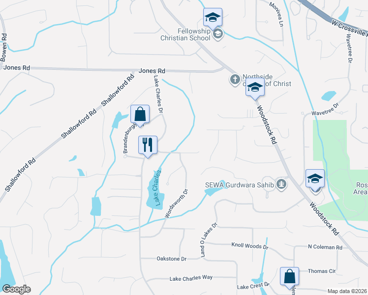 map of restaurants, bars, coffee shops, grocery stores, and more near 615 Brandenburgh Way in Roswell