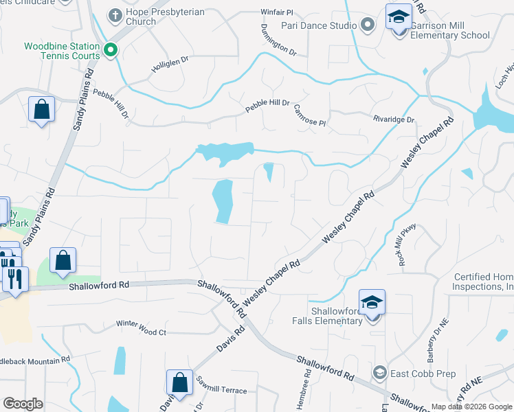 map of restaurants, bars, coffee shops, grocery stores, and more near 3605 Mere Lane in Marietta