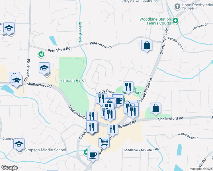 map of restaurants, bars, coffee shops, grocery stores, and more near 3909 Upland Way in Marietta