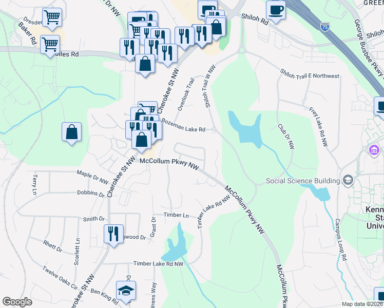 map of restaurants, bars, coffee shops, grocery stores, and more near 2010 Sand Wedge Circle in Kennesaw